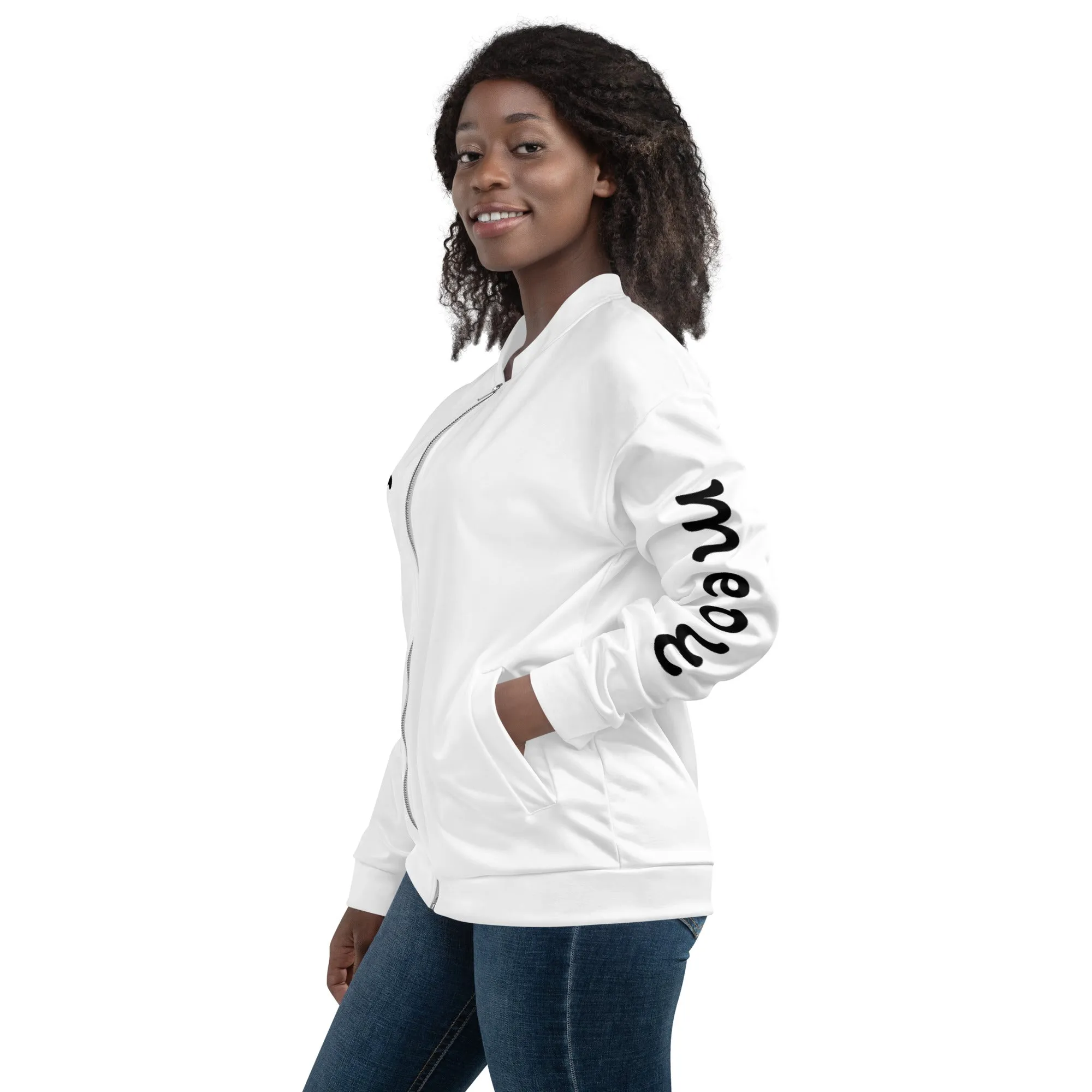 Women Bomber Jacket With Pockets Zipper Premium Quality Cat Silhouette Meow Design by IOBI Original Apparel