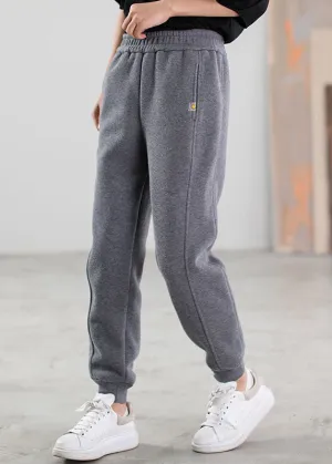 Women Grey Pockets Warm Fleece Casual Pants Winter