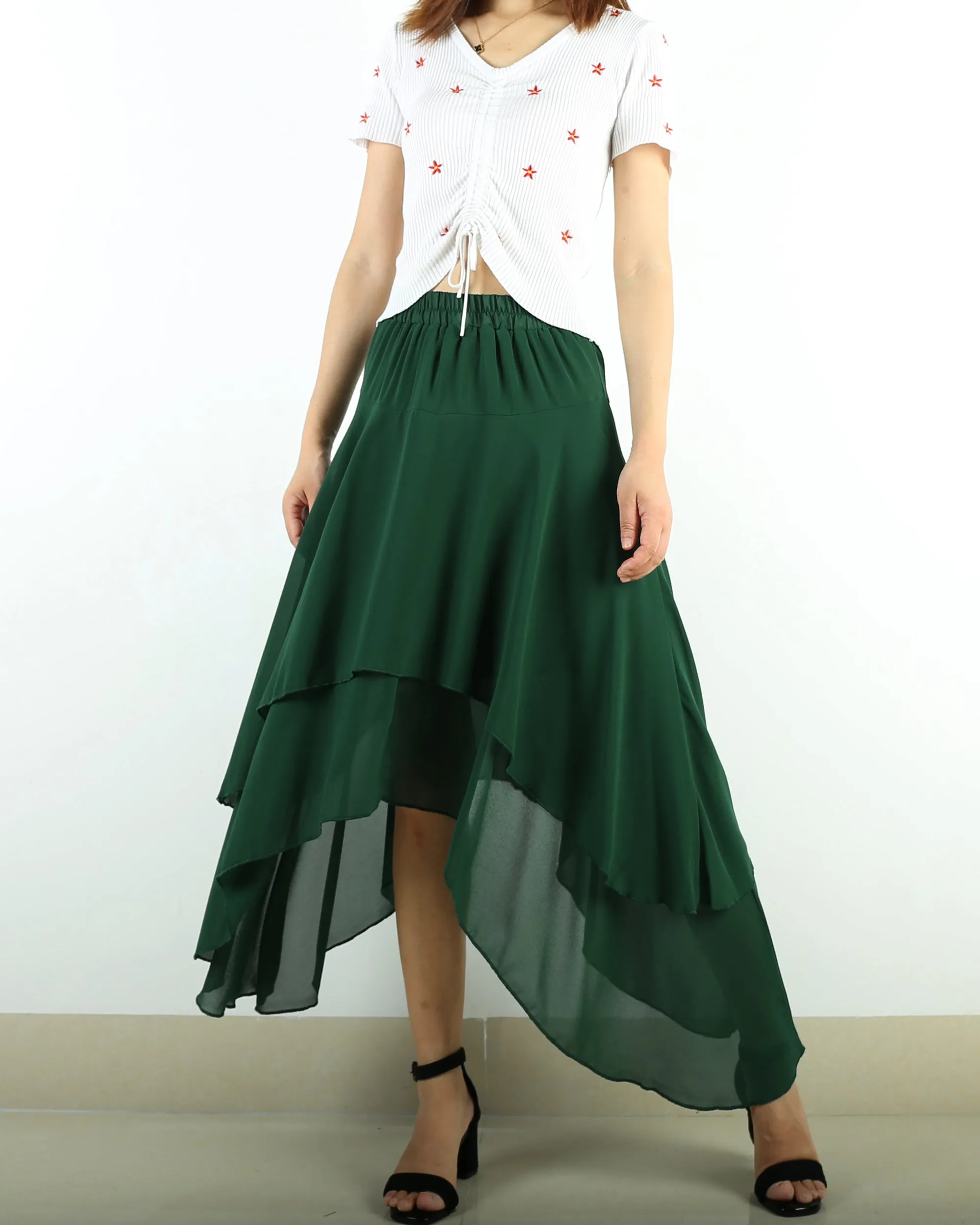 Women's elastic waist skirt, asymmetrical skirt, chiffon skirt, customized summer skirt(Q1004)