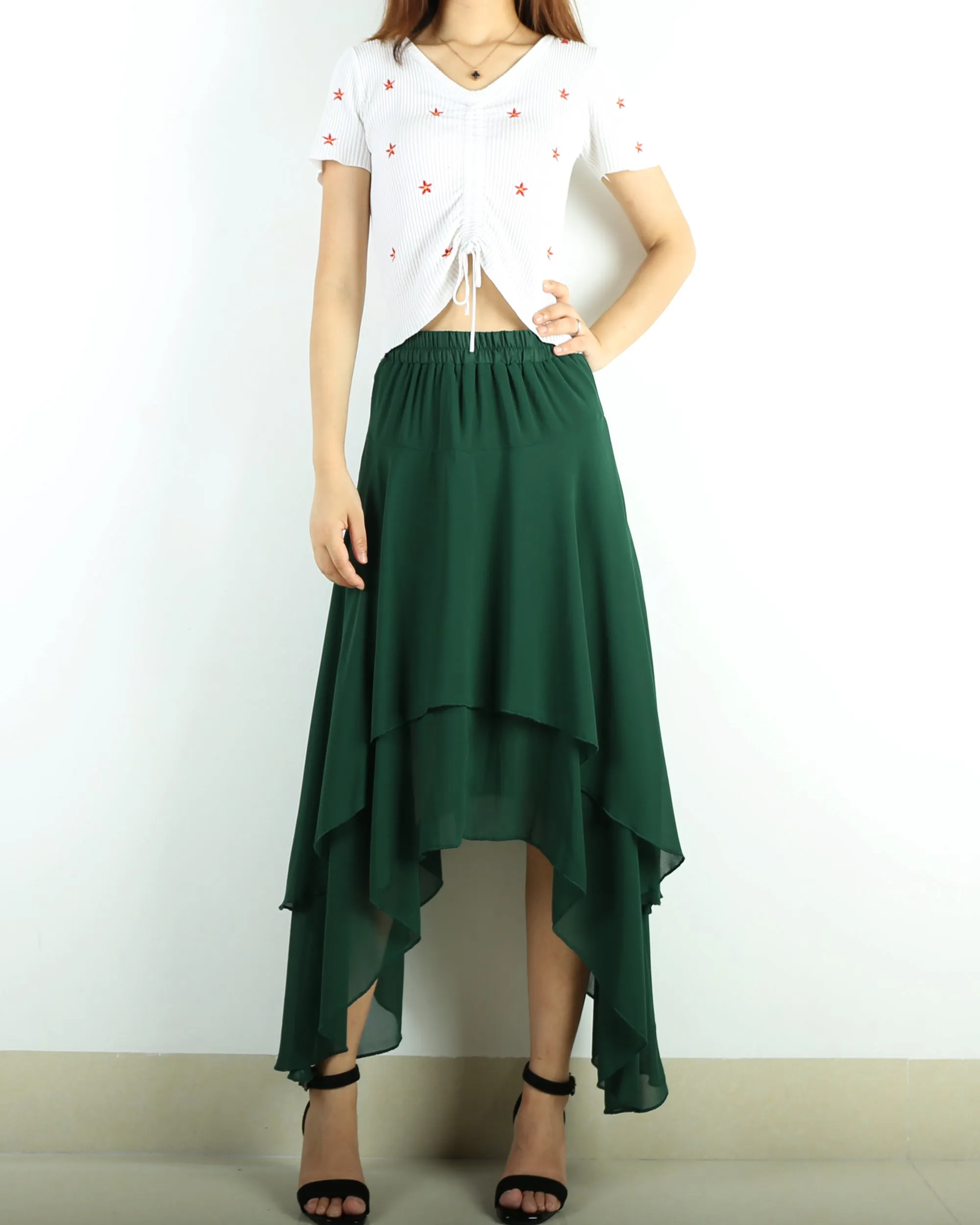 Women's elastic waist skirt, asymmetrical skirt, chiffon skirt, customized summer skirt(Q1004)