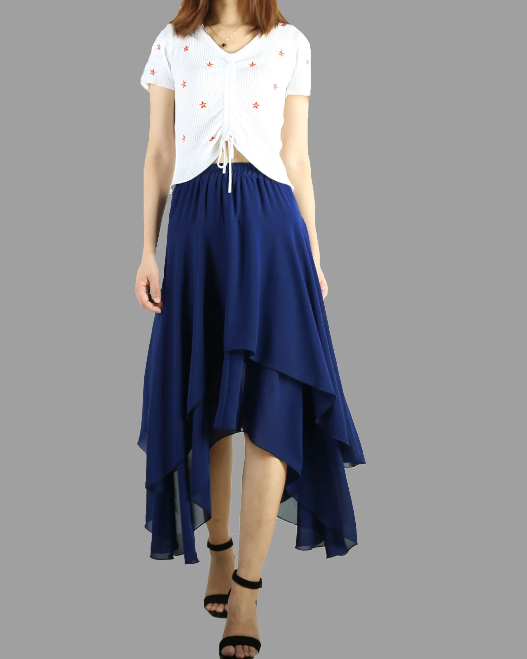 Women's elastic waist skirt, asymmetrical skirt, chiffon skirt, customized summer skirt(Q1004)