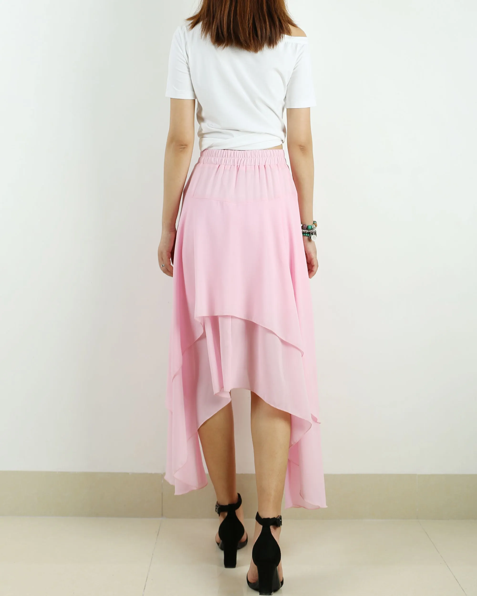 Women's elastic waist skirt, asymmetrical skirt, chiffon skirt, customized summer skirt(Q1004)