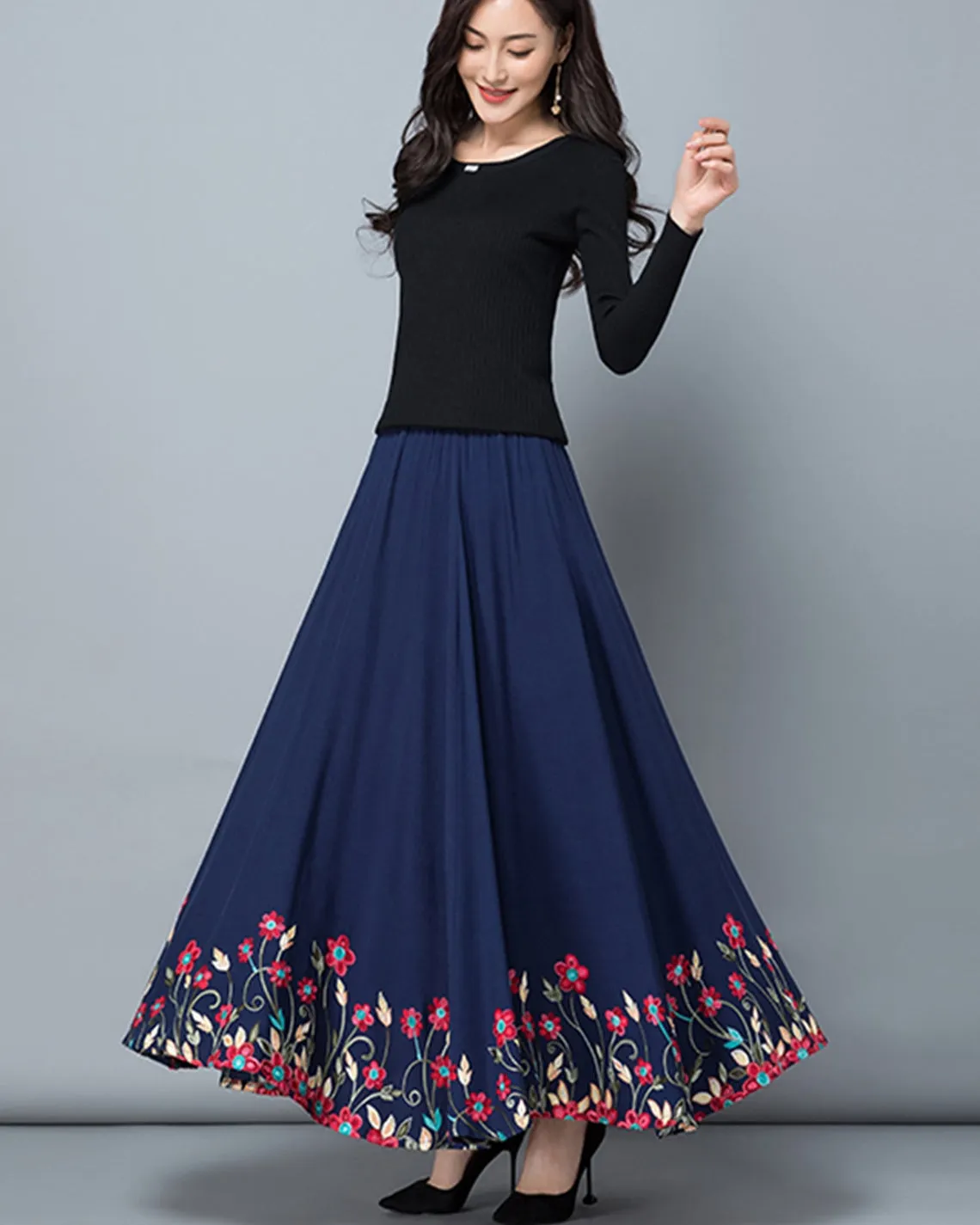 Women's linen skirt, maxi skirt, embroidered skirt, elastic waist skirt, flare skirt, cotton skirt, high waist skirt, long skirt, A-line skirt Q0056