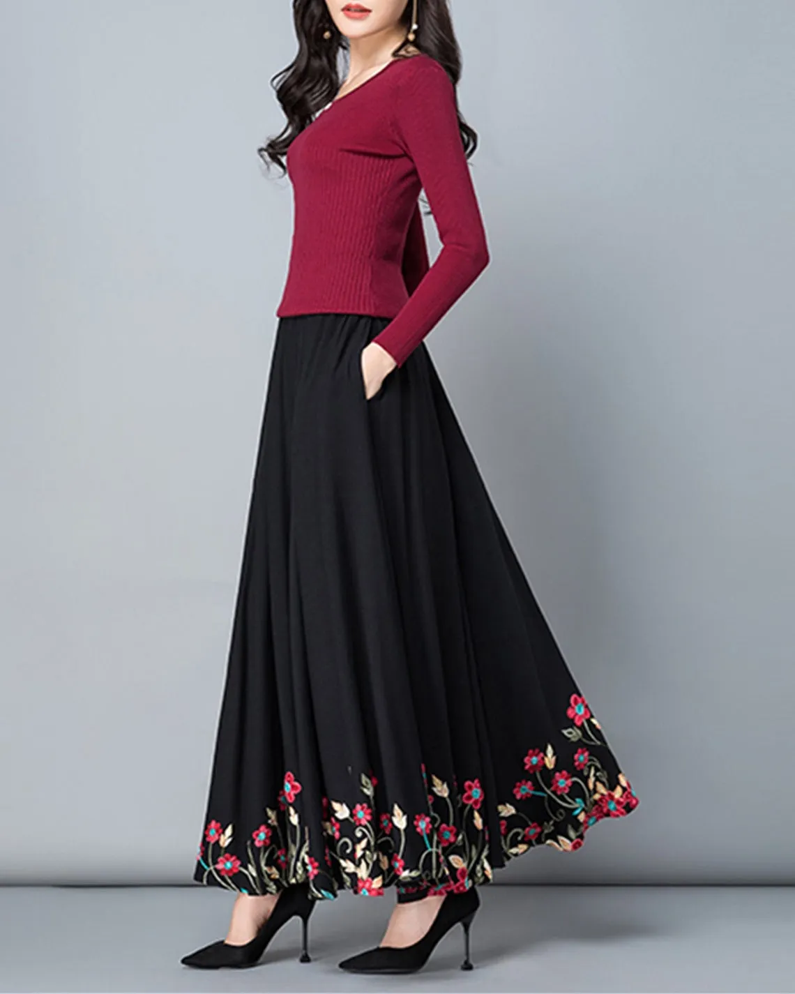 Women's linen skirt, maxi skirt, embroidered skirt, elastic waist skirt, flare skirt, cotton skirt, high waist skirt, long skirt, A-line skirt Q0056