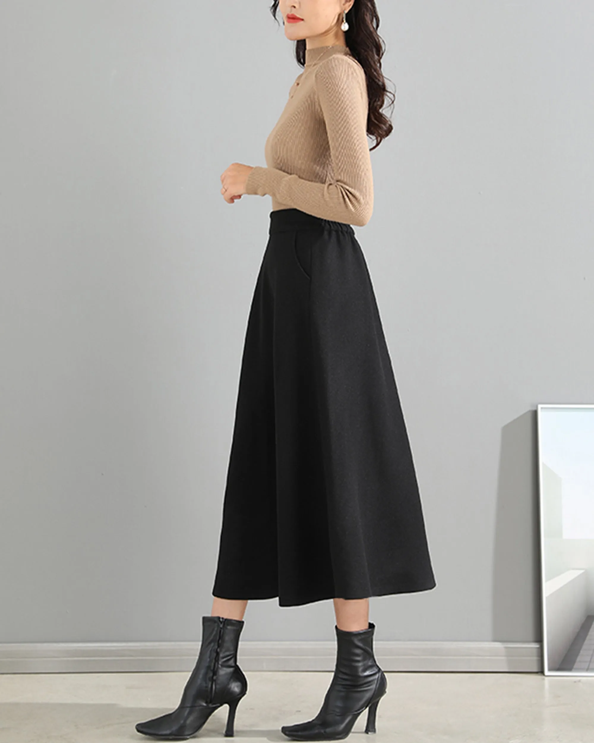 Wool skirt/Midi skirt/Winter skirt/A-line skirt/dark blue skirt/elastic waist skirt/skirt with pockets/customized skirt A008