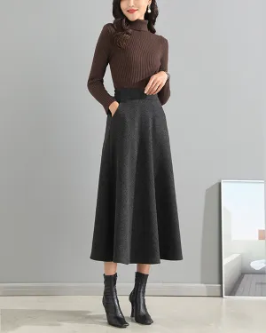 Wool skirt/Midi skirt/Winter skirt/A-line skirt/dark blue skirt/elastic waist skirt/skirt with pockets/customized skirt A008